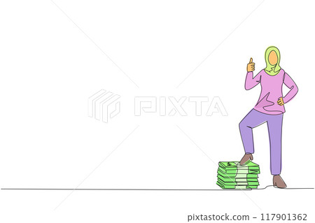 Continuous one line drawing Arab businesswoman stands with thumbs up pose and steps on stack of banknotes. Thanks for good cooperation increasing profits. Single line draw design vector illustration Continuous one line drawing Arab businesswoman stands with thumbs up pose and steps on stack of banknotes. Thanks for good cooperation increasing profits. Single line draw design vector illustration 117901362