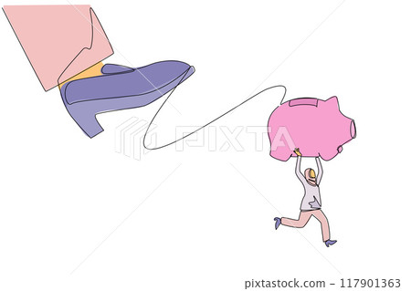 Continuous one line drawing Arabian businesswoman carrying piggy bank run away from giant foot. Avoids much more serious problems. Saving assets. Struggle. Single line draw design vector illustration 117901363