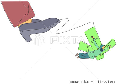 Single one line drawing Arab businesswoman flying using banknote wings. Use capital as ammunition to grow and develop the business. Promising business. Continuous line design graphic illustration 117901364