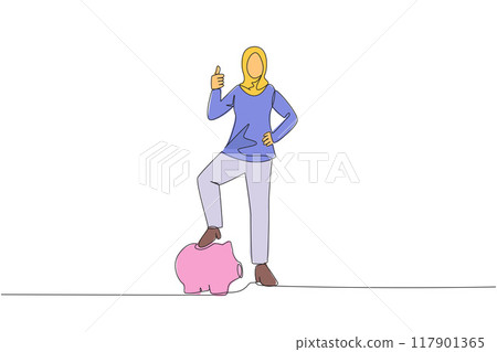 Single continuous line drawing Arab businesswoman with thumbs up pose and steps on piggy bank. Invitation to insure assets in the form of investments. Better life. One line design vector illustration 117901365