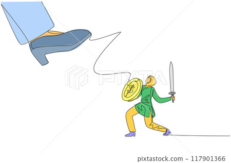 Continuous one line drawing Arab businesswoman tries to ward off giant foot wants to step on her. Fierce battle to get potential big clients. Struggle. Single line draw design vector illustration Continuous one line drawing Arab businesswoman tries to ward off giant foot wants to step on her. Fierce battle to get potential big clients. Struggle. Single line draw design vector illustration 117901366