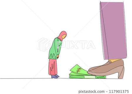 Single one line drawing Arab businesswoman nodded in front of giant foot stepping on wad of banknotes. Request payment is not withheld. Business continuity. Continuous line design graphic illustration Single one line drawing Arab businesswoman nodded in front of giant foot stepping on wad of banknotes. Request payment is not withheld. Business continuity. Continuous line design graphic illustration 117901375