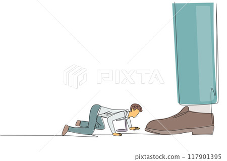Continuous one line drawing businessman kneels and licks giant foot. Submissive. Licker. Mischievous in the company. Selfish. Destroying team cohesion. Single line draw design vector illustration 117901395