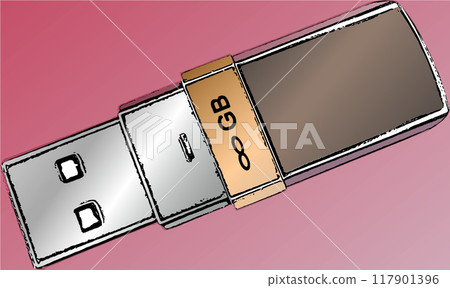 Compact storage device, flash drive. Universal data storage, with a standard USB connector. With an inscription indicating infinity and gigabytes. Compact storage device, flash drive. Universal data storage, with a standard USB connector. With an inscription indicating infinity and gigabytes. 117901396