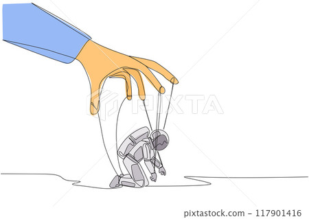 Continuous one line drawing astronaut kneel, entire body bound by rope controlled by giant hand. There is no hope for expedition to the moon. Like puppet. Single line draw design vector illustration Continuous one line drawing astronaut kneel, entire body bound by rope controlled by giant hand. There is no hope for expedition to the moon. Like puppet. Single line draw design vector illustration 117901416