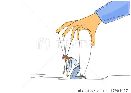 Single one line drawing businesswoman kneel, whole body bound by ropes controlled by giant hands. Captive. Hostage. Helpless. Losing business. Puppet. Continuous line design graphic illustration Single one line drawing businesswoman kneel, whole body bound by ropes controlled by giant hands. Captive. Hostage. Helpless. Losing business. Puppet. Continuous line design graphic illustration 117901417