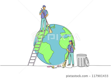 Single continuous line drawing trash man climbs ladder to sweep top of the globe. His partner cleaned at bottom and around globe. Working together for the earth. One line design vector illustration 117901433