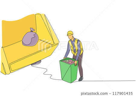 Single continuous line drawing trash man is preparing to lift the trash can into the back of the dump truck. Work with dedication. To keep the environment clean. One line design vector illustration Single continuous line drawing trash man is preparing to lift the trash can into the back of the dump truck. Work with dedication. To keep the environment clean. One line design vector illustration 117901435