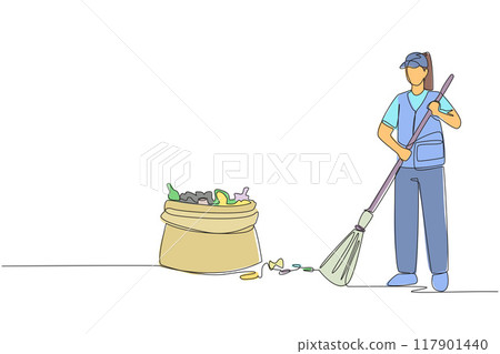 Continuous one line drawing trash woman cleaning trash with broom. There is a large piece of plastic trash nearby. Clean fresh air, does not pollute lungs. Single line draw design vector illustration 117901440