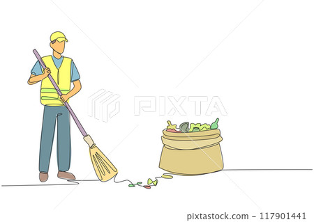 Single one line drawing trash man cleaning trash with broom. Enthusiasm about working to maintain the cleanliness and beauty of nature. Reduce pollution. Continuous line design graphic illustration 117901441