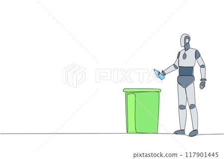 Continuous one line drawing robot throw used plastic bottles into overflowing trash cans. Environmental care. Programmed to always be clean. Future tech. Single line draw design vector illustration 117901445