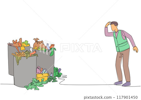 Single one line drawing trash man scratched his head looking at several trash cans full. Unhealthy environment. Must be immediately transported to landfill. Continuous line design graphic illustration 117901450