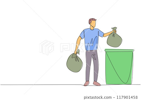 Single one line drawing man puts trash bag into trash can. Environmental care. Maintain cleanliness by throwing rubbish in the right place. Recycling. Continuous line design graphic illustration 117901458