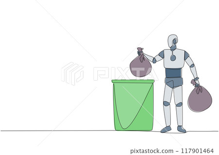 Single continuous line drawing robot puts the trash bag into the trash can. Environmental care. Household assistant robot. Future artificial intelligence concept. One line design vector illustration Single continuous line drawing robot puts the trash bag into the trash can. Environmental care. Household assistant robot. Future artificial intelligence concept. One line design vector illustration 117901464