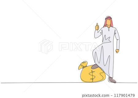 Continuous one line drawing Arabian businessman stands with thumbs up pose and steps on money bag with one of his foot. Shows the great success achieved. Single line draw design vector illustration Continuous one line drawing Arabian businessman stands with thumbs up pose and steps on money bag with one of his foot. Shows the great success achieved. Single line draw design vector illustration 117901479