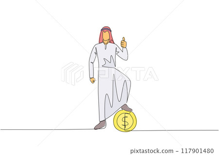 Single one line drawing Arabian businessman stands in a thumbs up pose and steps on a large coin with a dollar symbol. The small capital for big profits. Continuous line design graphic illustration 117901480