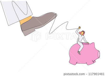 Single continuous line drawing Arabian businessman riding a piggy bank runs away from giant foot. Moving quickly saves assets and profits. For a better future. One line design vector illustration Single continuous line drawing Arabian businessman riding a piggy bank runs away from giant foot. Moving quickly saves assets and profits. For a better future. One line design vector illustration 117901481