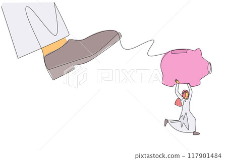 Continuous one line drawing Arabian businessman carrying piggy bank run away from giant foot. Trying to running fast saves capital from major disruption. Single line draw design vector illustration Continuous one line drawing Arabian businessman carrying piggy bank run away from giant foot. Trying to running fast saves capital from major disruption. Single line draw design vector illustration 117901484