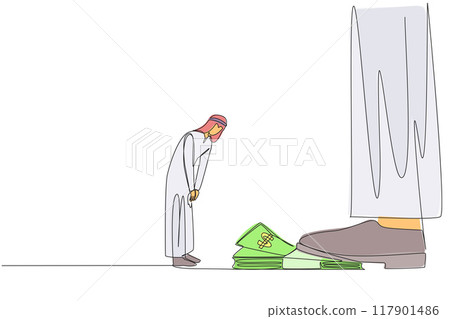 Single one line drawing Arabian businessman nodded in front of giant foot stepping on stack of banknotes. Receive orders to use capital as best as possible. Continuous line design graphic illustration Single one line drawing Arabian businessman nodded in front of giant foot stepping on stack of banknotes. Receive orders to use capital as best as possible. Continuous line design graphic illustration 117901486