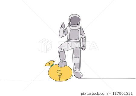 Continuous one line drawing astronaut stands with thumbs up pose and steps on money bag with one of foot. Give ready sign for expedition. Cosmonaut space. Single line draw design vector illustration Continuous one line drawing astronaut stands with thumbs up pose and steps on money bag with one of foot. Give ready sign for expedition. Cosmonaut space. Single line draw design vector illustration 117901531