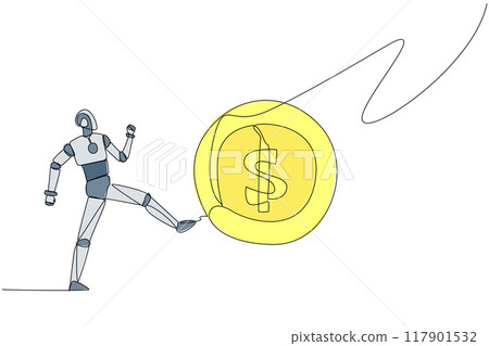 Single continuous line drawing robot kicking the big coin with a dollar symbol. Errors in providing artificial intelligence programs. Arbitrarily. Future tech. One line design vector illustration Single continuous line drawing robot kicking the big coin with a dollar symbol. Errors in providing artificial intelligence programs. Arbitrarily. Future tech. One line design vector illustration 117901532