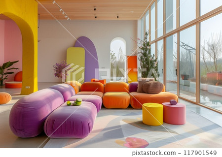 A modern, colorful living room with an arched window and large windows on the right side of the photo. 117901549
