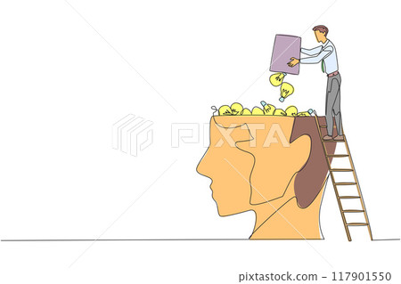 Single continuous line drawing businessman climb to the large, open head with stairs. Throw away the lightbulb. Convey some ideas to increase profits. Brainwashing. One line design vector illustration Single continuous line drawing businessman climb to the large, open head with stairs. Throw away the lightbulb. Convey some ideas to increase profits. Brainwashing. One line design vector illustration 117901550