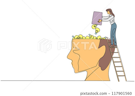 Single continuous line drawing businesswoman climb to the large, open head with stairs. Throw away the lightbulb. Putting down suggestions. Brainstorming. Opinion. One line design vector illustration 117901560