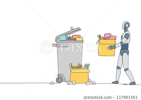 Single one line drawing robot carrying a cardboard box full of piles of paper to the trash. Robots care about cleanliness. Future artificial intelligence. Continuous line design graphic illustration Single one line drawing robot carrying a cardboard box full of piles of paper to the trash. Robots care about cleanliness. Future artificial intelligence. Continuous line design graphic illustration 117901561