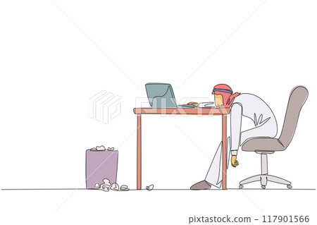 Continuous one line drawing Arabian businessman sitting in work chair looking tired. Chasing lots of deadlines. Many reports are wrong. Not focus on laptop. Single line draw design vector illustration Continuous one line drawing Arabian businessman sitting in work chair looking tired. Chasing lots of deadlines. Many reports are wrong. Not focus on laptop. Single line draw design vector illustration 117901566