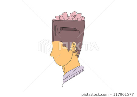 Single continuous line drawing the businessman's head is shaped like a trash can. There are many things to think about that can disrupt business performance. Loss. One line design vector illustration 117901577