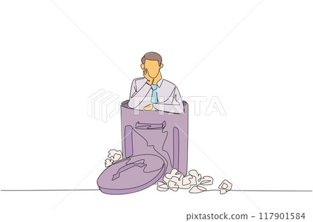 Continuous one line drawing businessman is in the trash. Poor mentality. Down in the dumps. Bankrupt. Helpless. Business is not making a profit. Frustrated. Single line draw design vector illustration 117901584