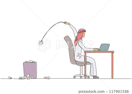 Single one line drawing Arabian businessman typing at the work desk throwing wads of paper into the trash. Too many ideas make the business concept unclear. Continuous line design graphic illustration Single one line drawing Arabian businessman typing at the work desk throwing wads of paper into the trash. Too many ideas make the business concept unclear. Continuous line design graphic illustration 117901586