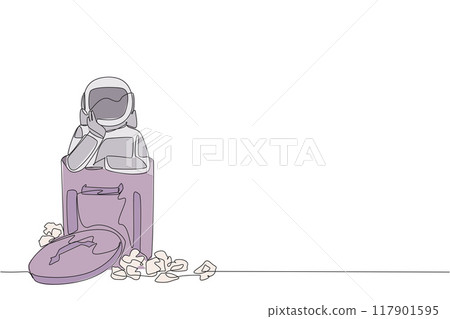 Single continuous line drawing the astronaut is in the trash. The space shuttle company went bankrupt. There were no return expeditions to space. Cosmonaut concept. One line design vector illustration 117901595