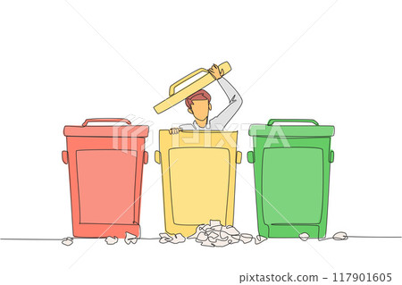 Continuous one line drawing businessman peeking out of trash can, there were lots of wads of paper. Frustration. Disguise so that whereabouts are not known. Single line draw design vector illustration Continuous one line drawing businessman peeking out of trash can, there were lots of wads of paper. Frustration. Disguise so that whereabouts are not known. Single line draw design vector illustration 117901605