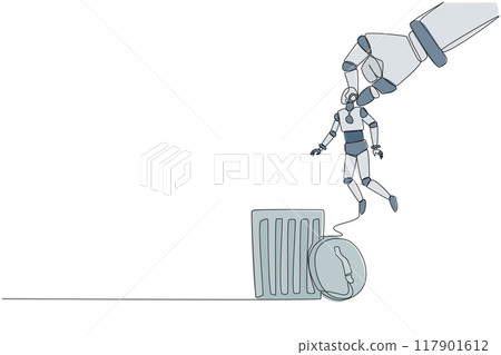 Single one line drawing the robot is lifted by a giant hand and will be put into a trash can. Failed experimental product. Will be thrown away and recycled. Continuous line design graphic illustration 117901612