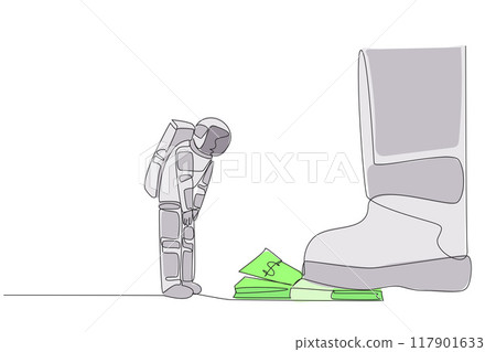 Continuous one line drawing astronaut nodded in front of giant foot stepping on stack of banknotes. Requesting additional expedition funds. Cosmic concept. Single line draw design vector illustration Continuous one line drawing astronaut nodded in front of giant foot stepping on stack of banknotes. Requesting additional expedition funds. Cosmic concept. Single line draw design vector illustration 117901633