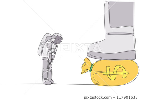 Single continuous line drawing astronaut nodded in front of giant foot stepping on money bag. Orders collect large amounts of money. Preparing to land on the moon. One line design vector illustration Single continuous line drawing astronaut nodded in front of giant foot stepping on money bag. Orders collect large amounts of money. Preparing to land on the moon. One line design vector illustration 117901635