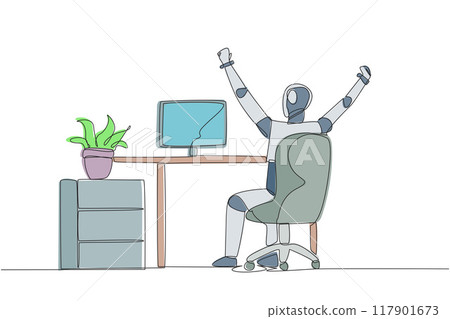 Continuous one line drawing the robot sit on chair opening and raising his hands. Stretching robot. Sitting and focusing too long. Future technology AI. Single line draw design vector illustration Continuous one line drawing the robot sit on chair opening and raising his hands. Stretching robot. Sitting and focusing too long. Future technology AI. Single line draw design vector illustration 117901673