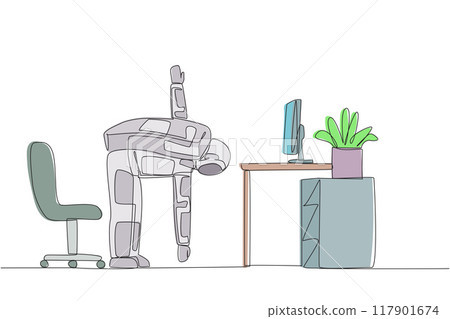 Single continuous line drawing astronaut stands with one hand raised and the other hand holding the tip of leg. Warm up before writing a space expedition report. One line design vector illustration 117901674