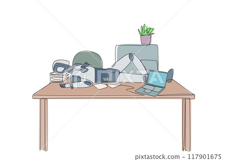 Continuous one line drawing robot fell asleep on the table with a pillow from a pile of papers. Advanced code program. Getting smarter about light sensors. Single line draw design vector illustration 117901675