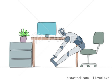 Single continuous line drawing robot sits in work chair with his legs straightened, hands hold legs. Feasibility trial. Algorithm improvements. Future technology. One line design vector illustration Single continuous line drawing robot sits in work chair with his legs straightened, hands hold legs. Feasibility trial. Algorithm improvements. Future technology. One line design vector illustration 117901676