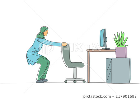 Single continuous line drawing Arab woman stands with a slight bend and both hands hold the top of chair. Stretching. Exercise trains balance and breathing. Focus. One line design vector illustration 117901692