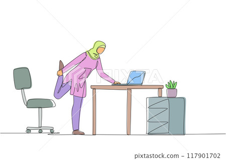 Continuous one line drawing Arab woman standing with one leg raised and her hand typing on a laptop. Taking time to stretch legs in the midst of busy work. Single line draw design vector illustration Continuous one line drawing Arab woman standing with one leg raised and her hand typing on a laptop. Taking time to stretch legs in the midst of busy work. Single line draw design vector illustration 117901702
