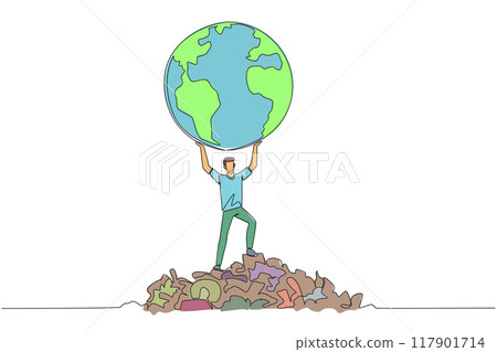 Single continuous line drawing man raises globe with both hands. There is rubbish scattered around. Do the best to save the earth from the abundance of waste. One line design vector illustration 117901714