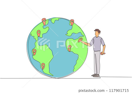 Single one line drawing man places a pin location point on surface of globe. Mapping areas that are very important for immediate tree planting. Earth day. Continuous line design graphic illustration Single one line drawing man places a pin location point on surface of globe. Mapping areas that are very important for immediate tree planting. Earth day. Continuous line design graphic illustration 117901715