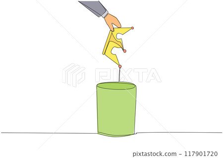 Single one line drawing businessman's hand throwing away broken crown. Replacing arbitrary sovereigns. More prosperous. Happier than before. Better life. Continuous line design graphic illustration Single one line drawing businessman's hand throwing away broken crown. Replacing arbitrary sovereigns. More prosperous. Happier than before. Better life. Continuous line design graphic illustration 117901720