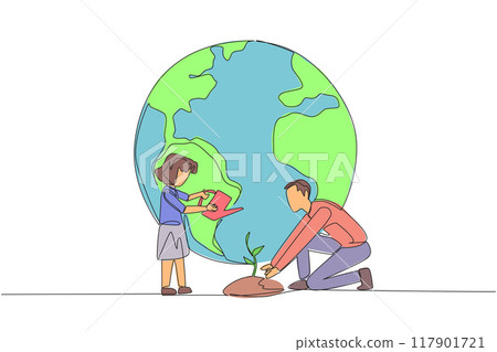 Continuous one line drawing girl standing watering the plants. Teaching environmental care from an early age. World environment day. Earth day. Protect. Single line draw design vector illustration Continuous one line drawing girl standing watering the plants. Teaching environmental care from an early age. World environment day. Earth day. Protect. Single line draw design vector illustration 117901721