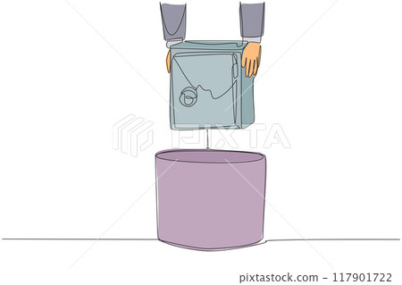 Continuous one line drawing businessman's hand throwing away broken safety box. It's no longer reliable. Replace to avoid leaking a lot of data. Wrecked. Single line draw design vector illustration Continuous one line drawing businessman's hand throwing away broken safety box. It's no longer reliable. Replace to avoid leaking a lot of data. Wrecked. Single line draw design vector illustration 117901722