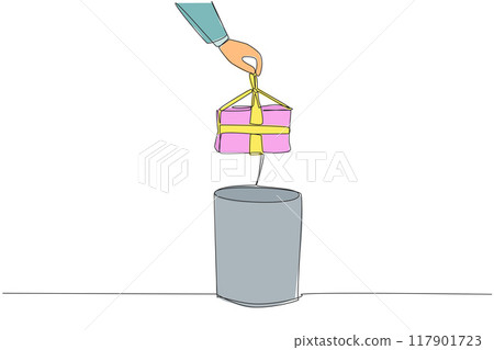 Single one line drawing businessman's hand throwing away a dented gift box. No achievements have been made. Try to adapt stably. Have more enthusiasm. Continuous line design graphic illustration Single one line drawing businessman's hand throwing away a dented gift box. No achievements have been made. Try to adapt stably. Have more enthusiasm. Continuous line design graphic illustration 117901723